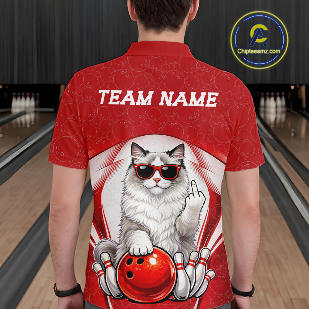 Back view of a male model in a bowling venue wearing a polo shirt showcasing a ragdoll cat beside a bowling ball.