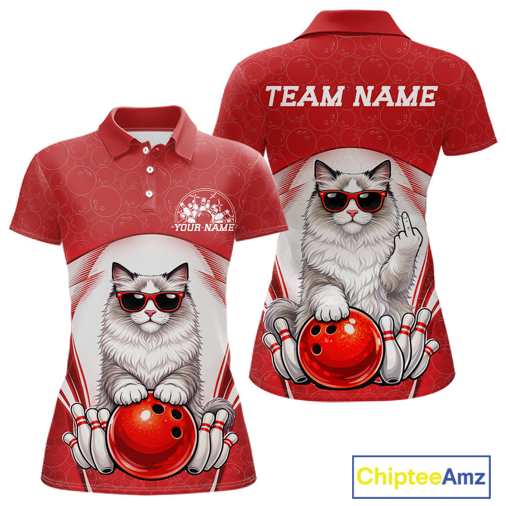 Front and back display of a white and red women’s bowling polo shirt featuring a ragdoll cat wearing sunglasses and leaning on a bowling ball.