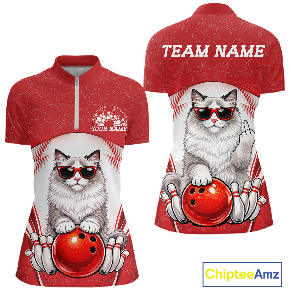 Front and back display of a white and red women’s bowling quarter-zip shirt featuring a ragdoll cat wearing sunglasses and leaning on a bowling ball.