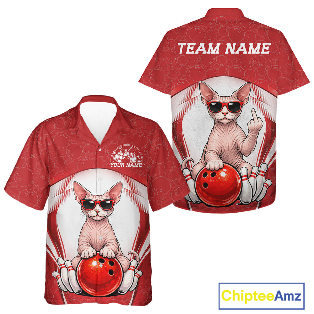 White and red button-up bowling shirt displayed from the front and back with a sphynx cat in sunglasses resting against a bowling ball.
