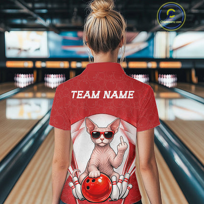 Back view of a female model wearing a bowling quarter-zip shirt featuring a sphynx cat, sunglasses, and bowling ball graphics.