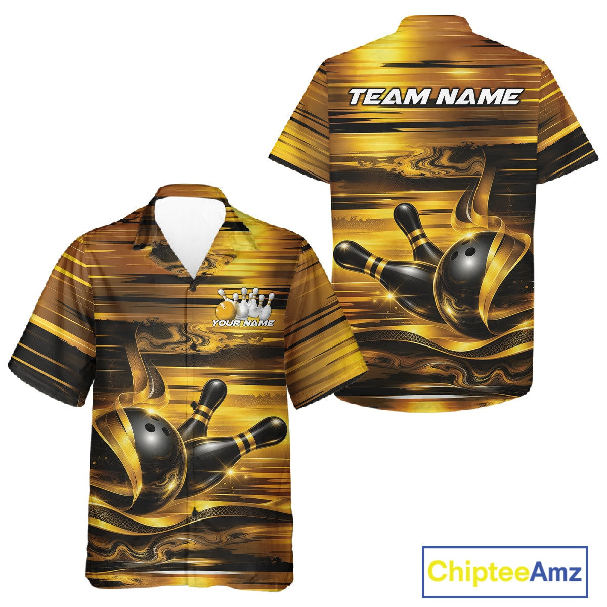 Front and back view of a button-up bowling shirt mockup featuring glossy gold and black bowling ball and pins artwork.