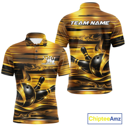 Front and back views of a men's bowling polo shirt mockup showcasing glossy gold and black bowling ball and pins artwork.