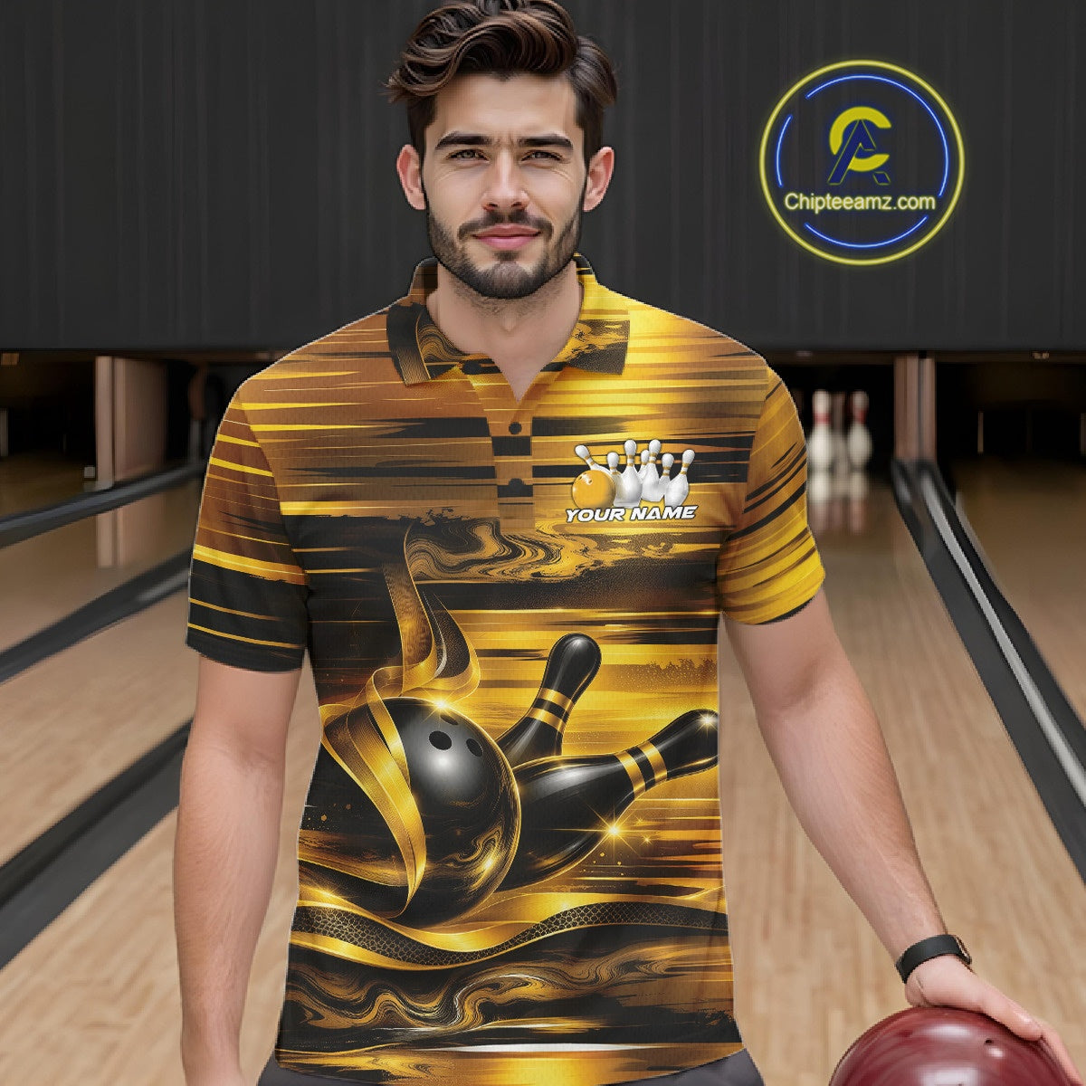 Male model at the bowling lane wearing a bowling polo shirt, front view, featuring glossy gold and black bowling ball and pins graphics.