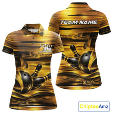 Load image into Gallery viewer, Front and back views of a women's bowling polo shirt mockup featuring glossy gold and black bowling ball and pins graphics.
