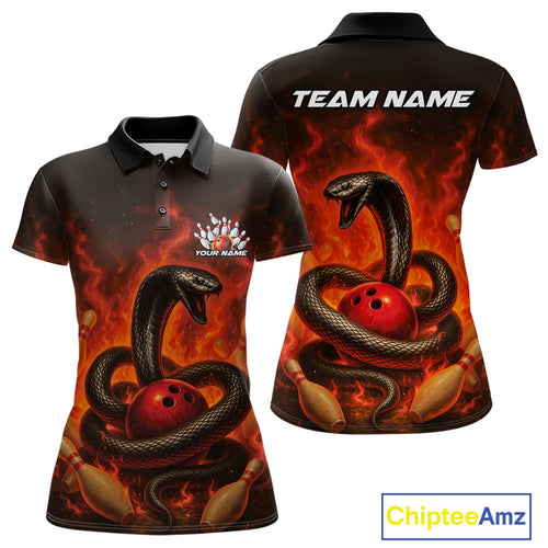 Custom Red Flame Black Mamba Snake Bowling Women Polo Shirt, Snake Bowling Team Jerseys IPHW10149