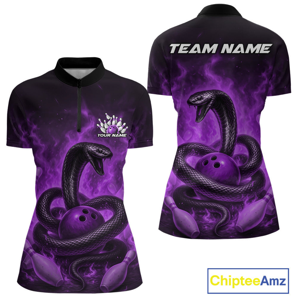 Custom Purple Flame Black Mamba Snake Women Bowling Shirt, Snake Bowling Team Jerseys IPHW10150