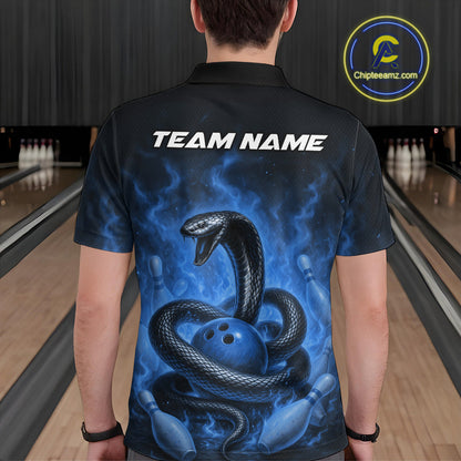 Custom Blue Flame Black Mamba Snake Bowling Men Polo Shirt, Snake Bowling Team Jerseys IPHW10151