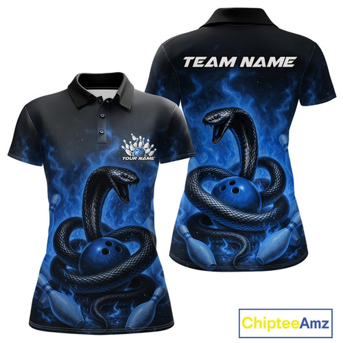 Custom Blue Flame Black Mamba Snake Bowling Women Polo Shirt, Snake Bowling Team Jerseys IPHW10151