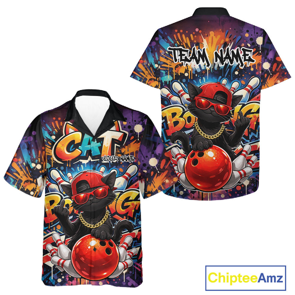 Front and back view of a colorful button-up bowling shirt featuring a black cat in sunglasses and a backward cap leaning on a bowling ball in graffiti style.