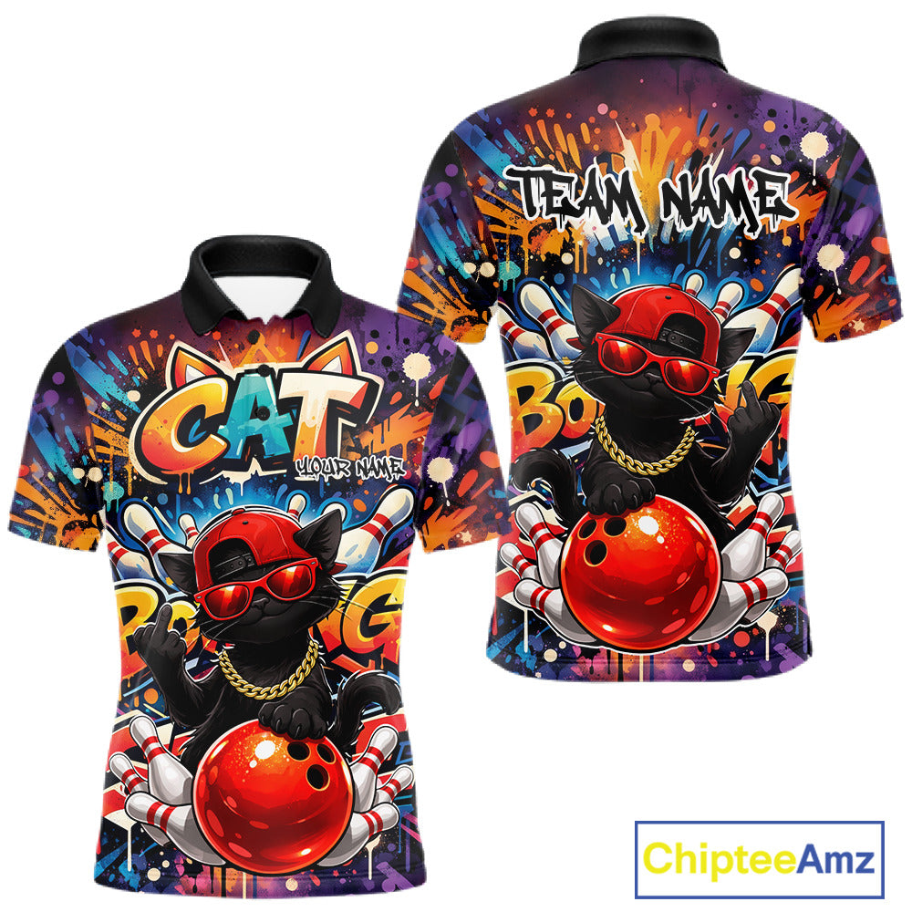 Front and back mockup of a colorful men’s bowling polo shirt featuring a black cat in sunglasses and a backward cap leaning on a bowling ball in graffiti style.