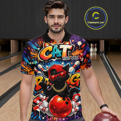 Male model at a bowling lane wearing a colorful bowling polo shirt with graffiti-style black cat artwork, sunglasses, cap, and bowling ball graphics.