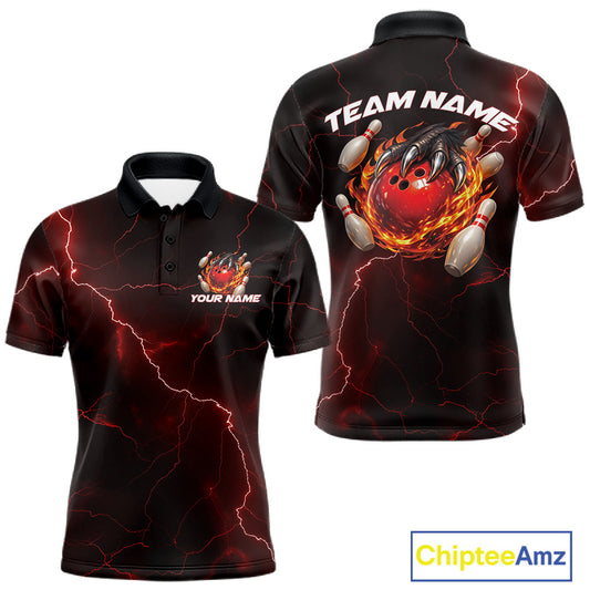 Front and back black and red mens bowling polo featuring a dragon claw gripping a flaming bowling ball with scattered bowling pins.