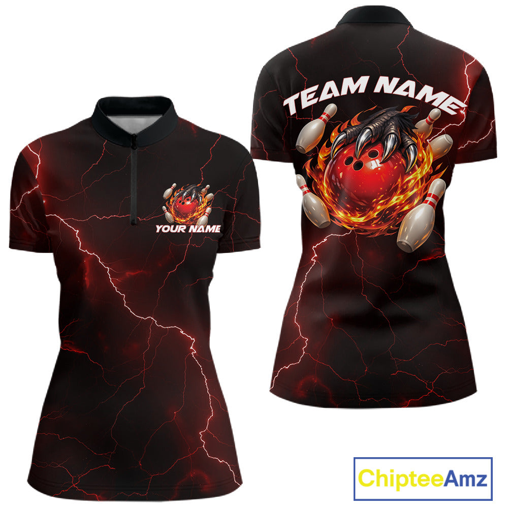Front and back black and red womens quarter-zip featuring a dragon claw gripping a flaming bowling ball.