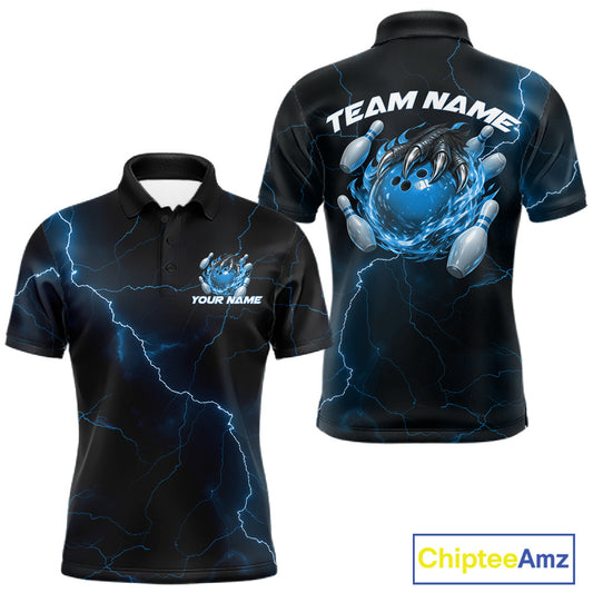 Front and back black and blue mens bowling polo featuring a dragon claw gripping a flaming bowling ball with scattered pins.