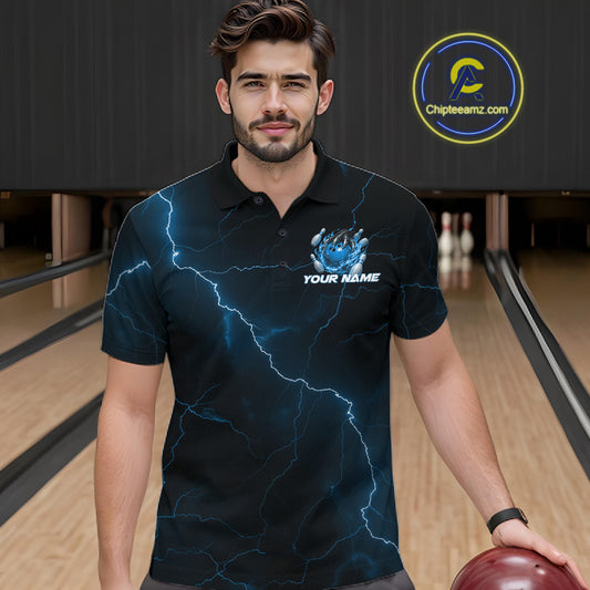 Male model wearing a black and blue bowling polo in a bowling lane with dragon claw artwork and fantasy lightning accents.