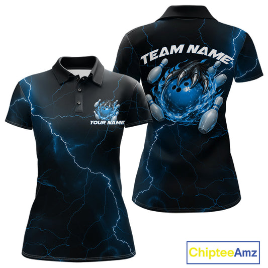 Front and back black and blue womens bowling polo featuring a dragon claw gripping a flaming bowling ball with scattered bowling pins.
