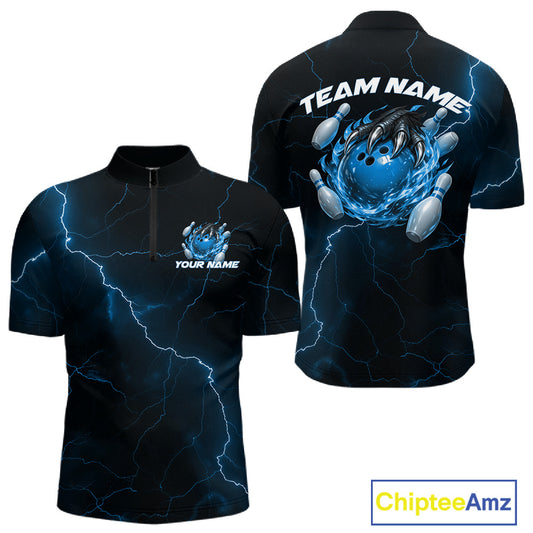 Front and back black and blue mens bowling quarter-zip featuring a dragon claw gripping a flaming bowling ball with scattered pins.