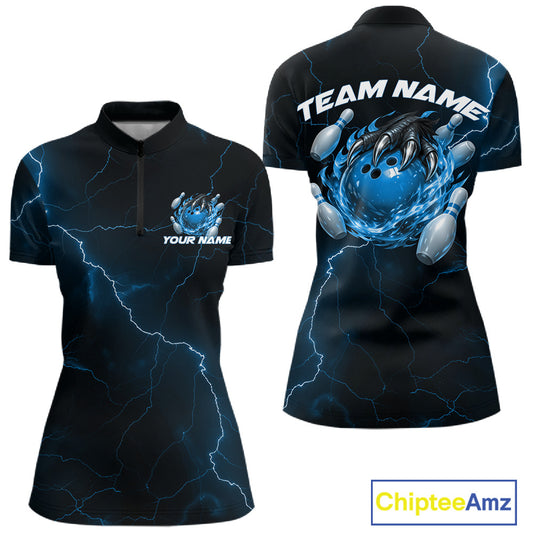 Black and blue womens quarter-zip mockup featuring a dragon claw gripping a flaming bowling ball with scattered pins.