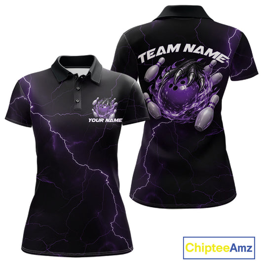 Front and back black and purple womens bowling polo featuring a dragon claw gripping a flaming bowling ball with lightning fantasy accents.
