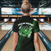 Load image into Gallery viewer, Custom Black And Green Lightning Montrous Flame Bowling Tournament Women Polo Team Shirt IPHW11074