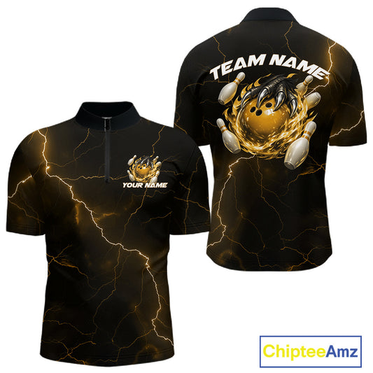 Front and back black and yellow mens bowling quarter-zip featuring a dragon claw gripping a flaming bowling ball with scattered pins.