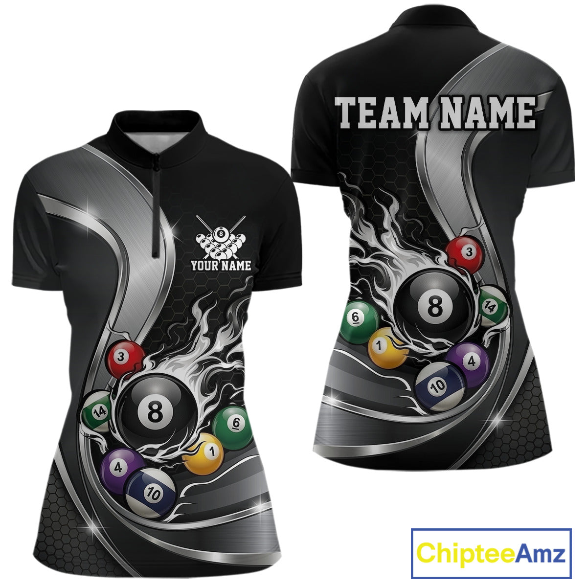 Front and back mockup of a womens black and silver billard quarter zip with metallic ribbons, dark honeycomb graphics, and a flaming 8-ball