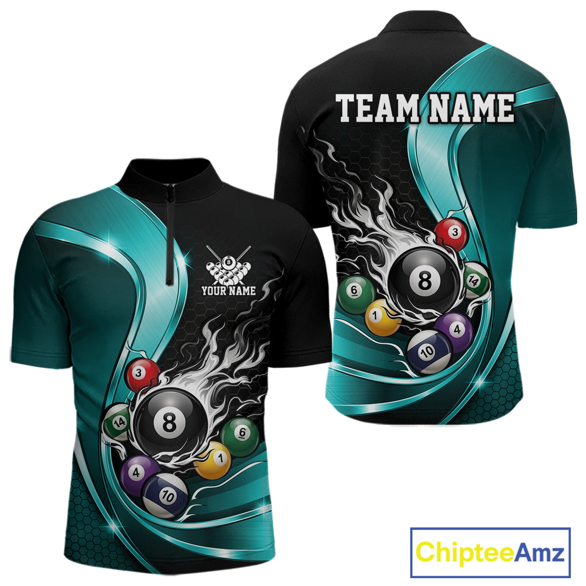 Front and back mockup of a mens black and blue billiard quarter zip with metallic ribbons, dark honeycomb graphics, and a flaming 8-ball with scattered pool balls