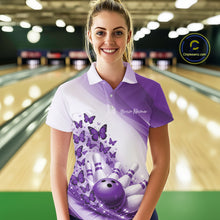 Load image into Gallery viewer, Front view of a female model in a white and purple bowling polo showcasing butterfly graphics and bowling artwork