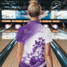 Load image into Gallery viewer, Back view of a female model in a white and purple bowling polo featuring butterfly artwork and bowling-themed graphics