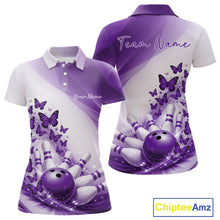 Load image into Gallery viewer, Womens white and purple bowling polo mockup shown front and back with butterfly artwork and colorful bowling graphics