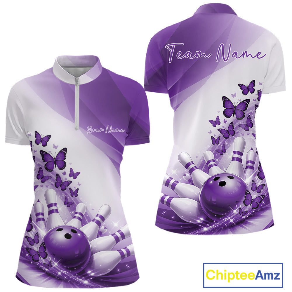 Front and back mockup of a womens white and purple bowling quarter zip showcasing butterfly graphics and bowling-themed artwork