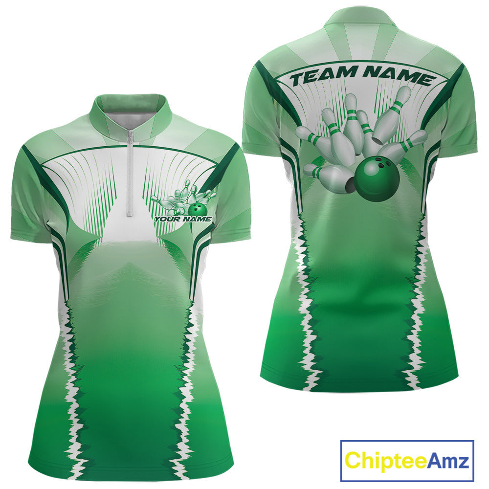 Custom Green Bowling Team Jersey, Bowling Uniform Bowling League Women Quarter-Zip Shirts IPHW9938