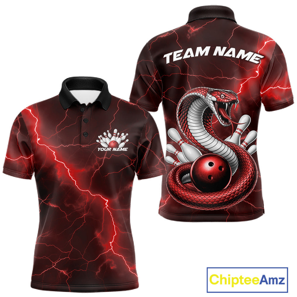 Front and back mens bowling polo featuring a red cobra snake coiled around a bowling ball with scattered bowling pins and fantasy lightning effects.