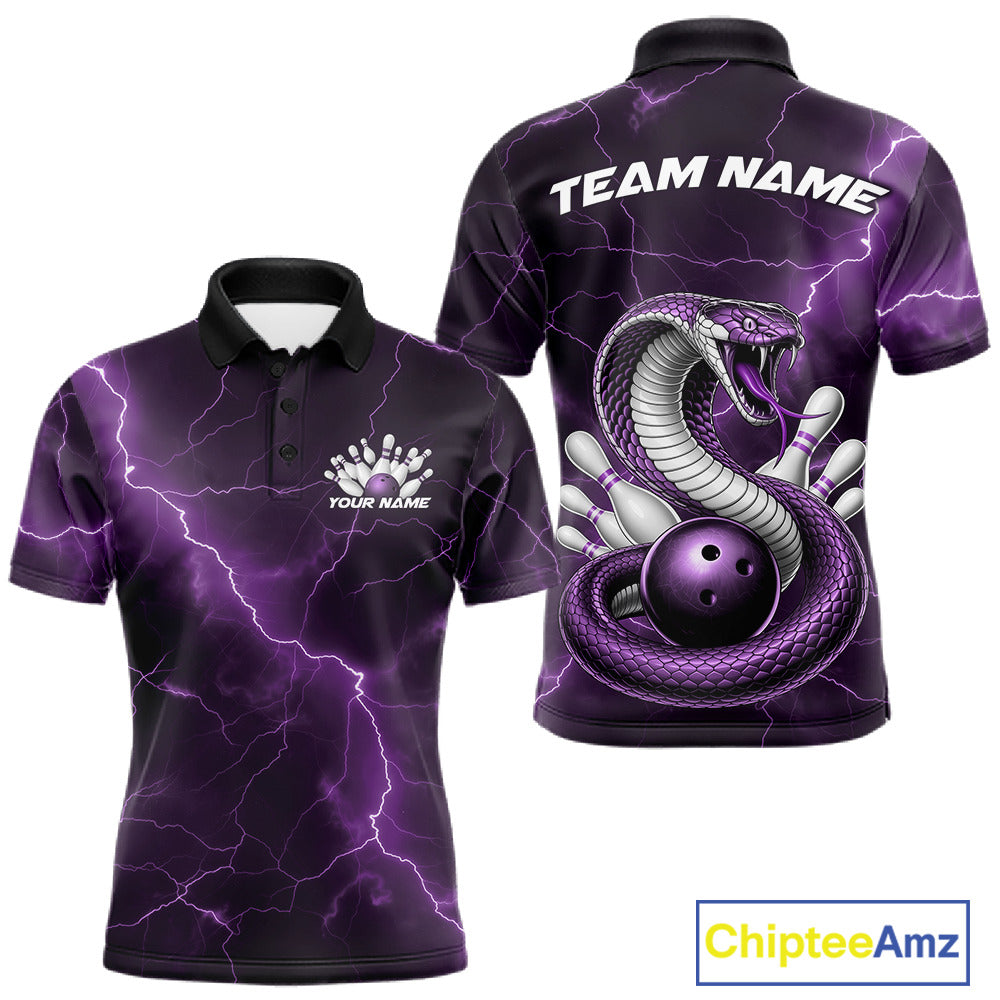Front and back mens bowling polo featuring a purple cobra snake coiled around a bowling ball with scattered pins and lightning fantasy details.
