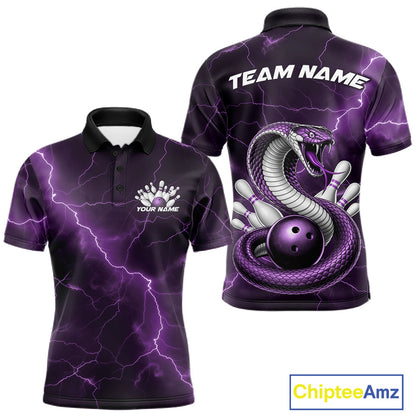 Front and back mens bowling polo featuring a purple cobra snake coiled around a bowling ball with scattered pins and lightning fantasy details.