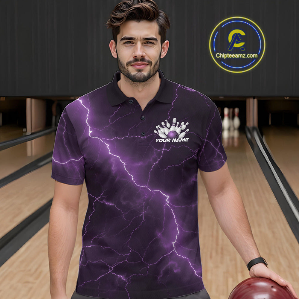 Male model wearing a bowling polo in a bowling center with purple cobra artwork and bowling pin graphics.