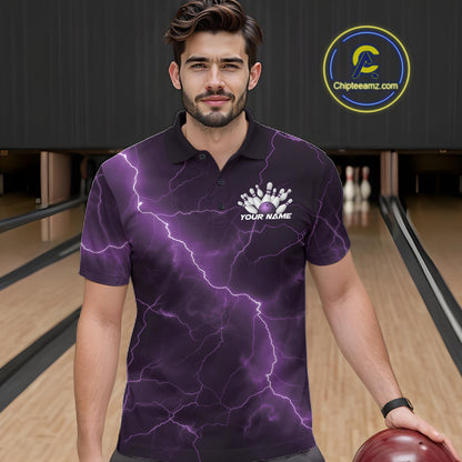 Male model wearing a bowling polo in a bowling center with purple cobra artwork and bowling pin graphics.