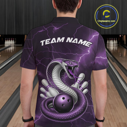 Back view of a mens bowling polo displaying a purple cobra wrapped around a bowling ball with scattered pins.