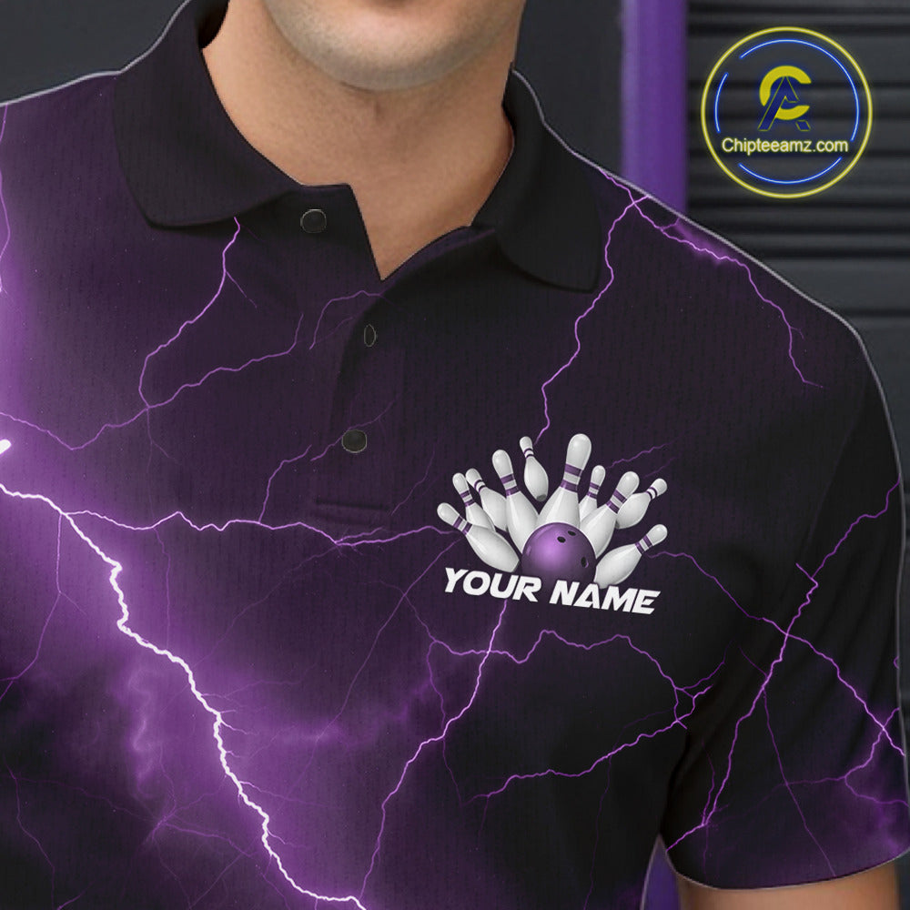 Close-up of the left chest on a bowling polo featuring a purple cobra and bowling ball artwork.