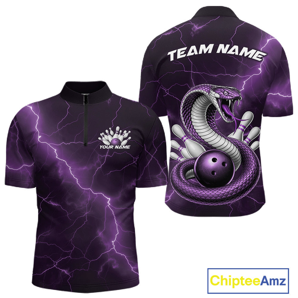 Front and back mens bowling quarter-zip featuring a purple cobra coiled around a bowling ball with scattered pins.