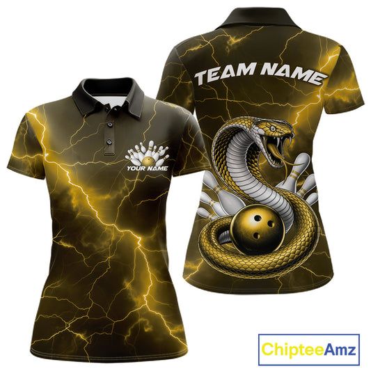 Front and back womens bowling polo featuring a yellow cobra snake coiled around a bowling ball with scattered pins and fantasy lightning details.