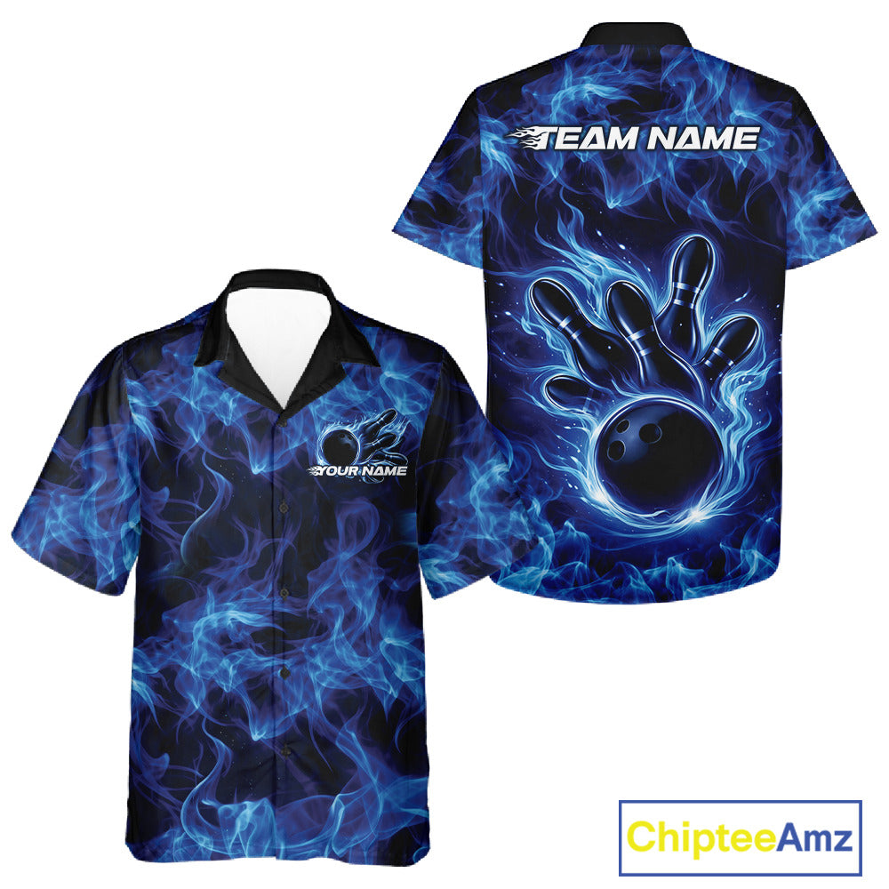 Front and back blue button-up bowling shirt with a flaming bowling ball motif.