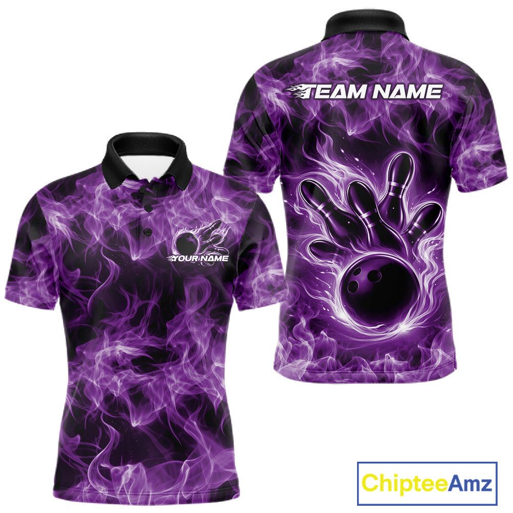 Front and back mens purple bowling polo featuring a bowling ball surrounded by blazing flame artwork.