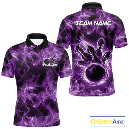 Front and back mens purple bowling polo featuring a bowling ball surrounded by blazing flame artwork.