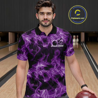 Male model wearing a purple bowling polo in a bowling lane with fiery bowling ball graphics.