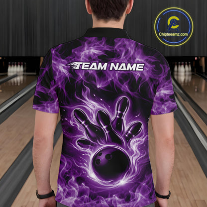 Back view of a purple mens bowling polo displaying a bowling ball encircled by dramatic flames.