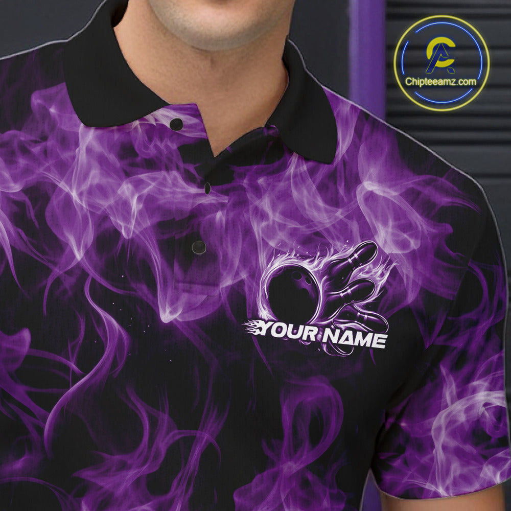 Left chest close-up of a purple bowling polo featuring a flaming bowling ball graphic.
