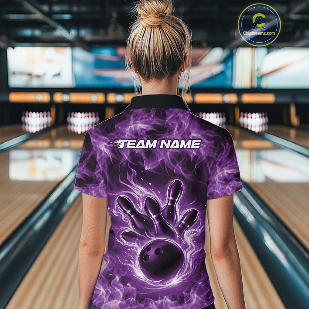 Back view of a purple bowling quarter-zip displaying a bowling ball surrounded by dynamic flames.