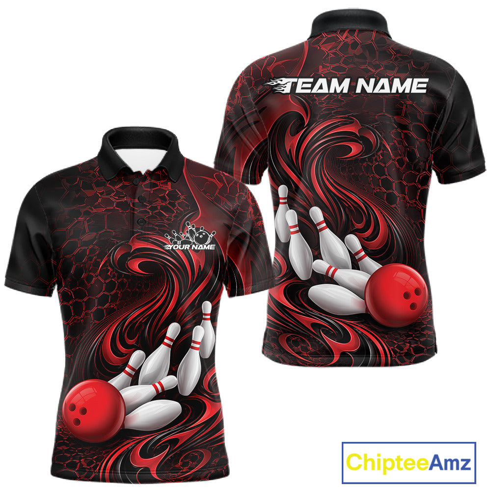 Front and back view of a black and red mens bowling polo shirt featuring a tribal flame bowling ball and pins graphic